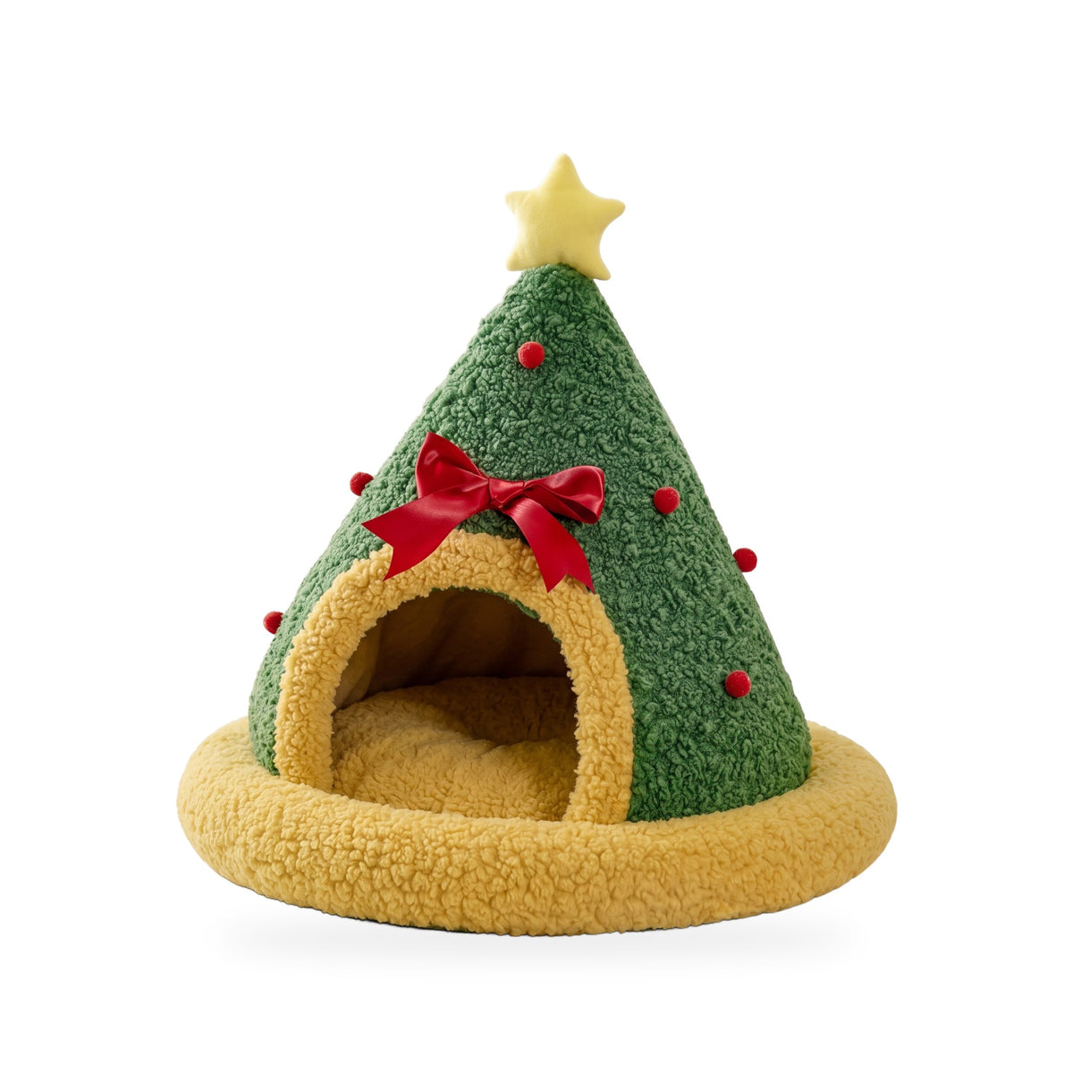Furlala Christmas Tree cat bed in green plush with a red bow and star topper