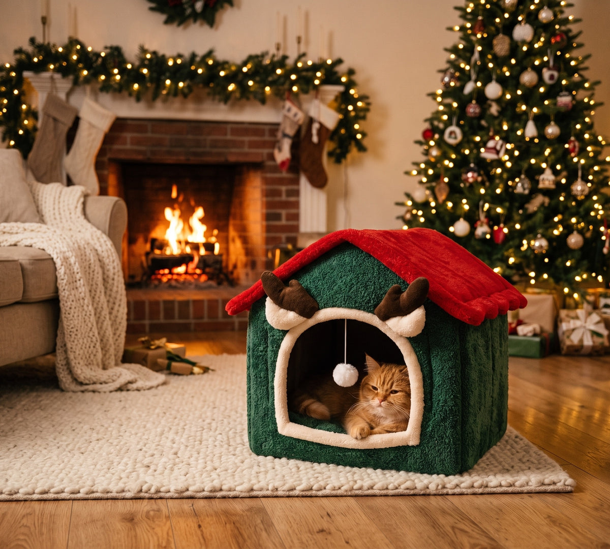 Furlala Reindeer Cabin cat bed on a rug in a cozy living room with a fireplace and Christmas tree
