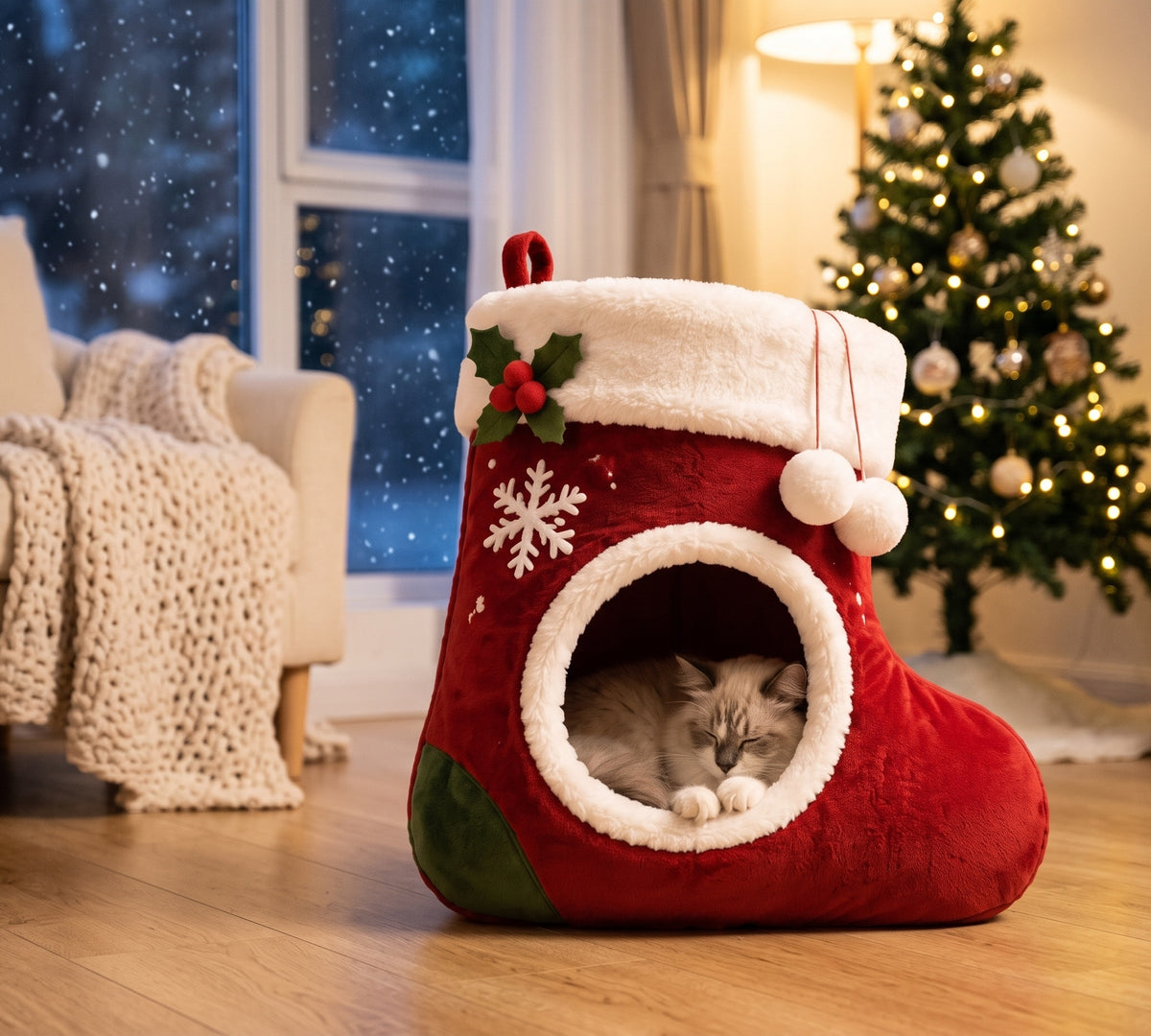 Ragdoll cat napping in the Furlala Cozy Stocking cat bed by a snowy window