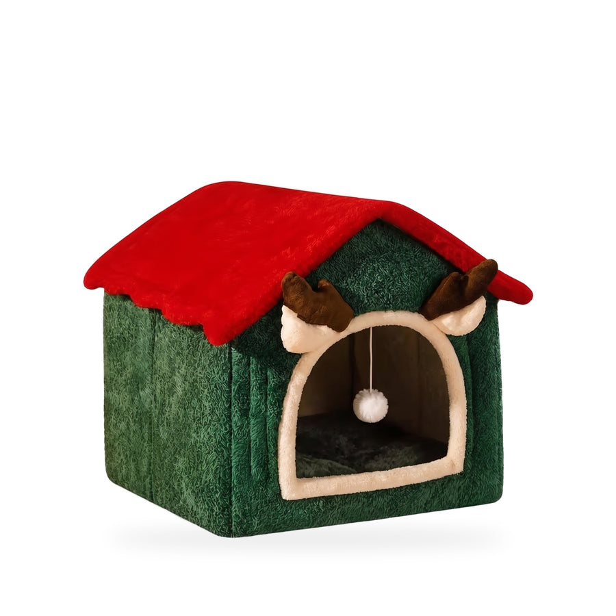 Furlala Reindeer Cabin cat bed with red roof and antlers