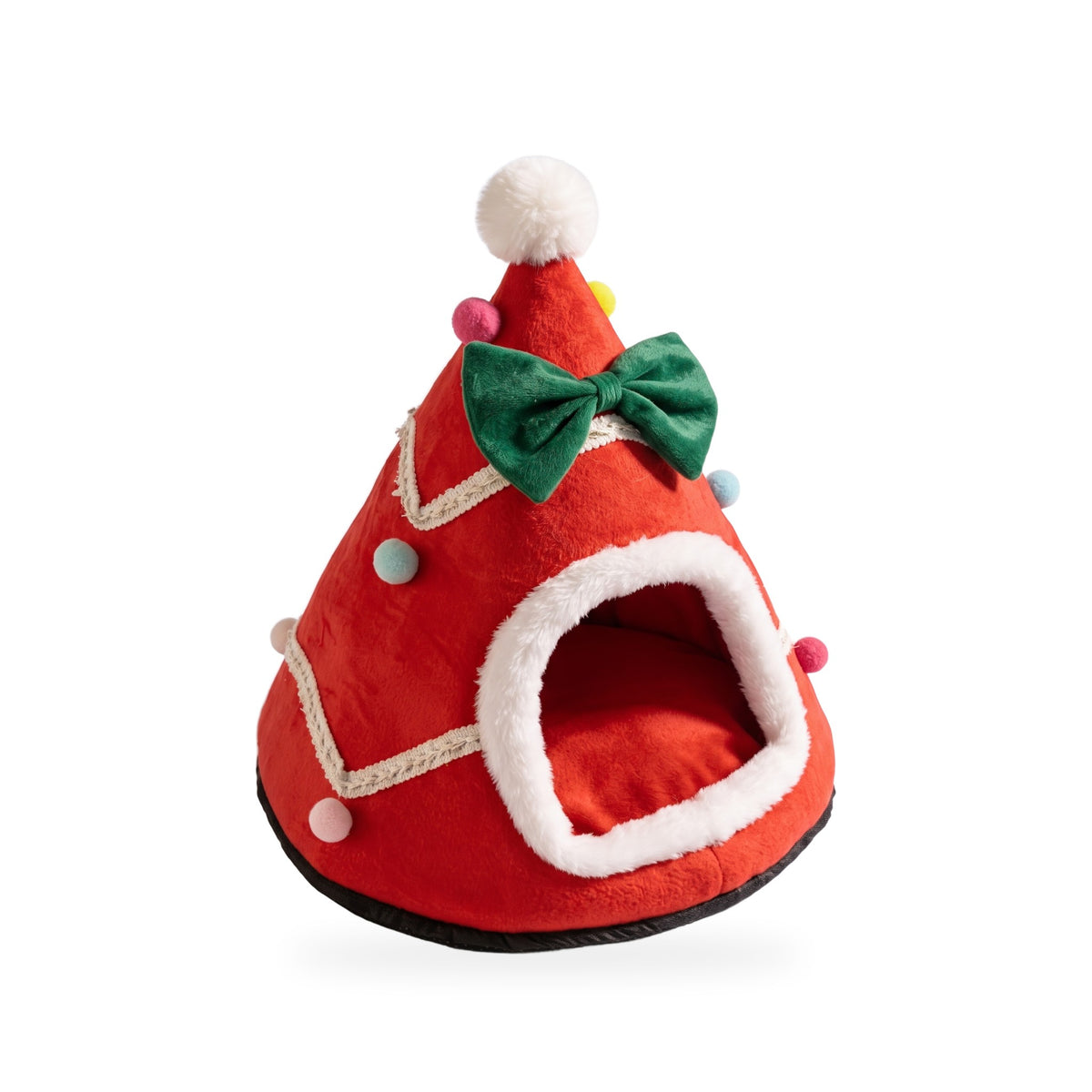 Furlala Santa Hat cat cave in red plush with green bow and pom-poms
