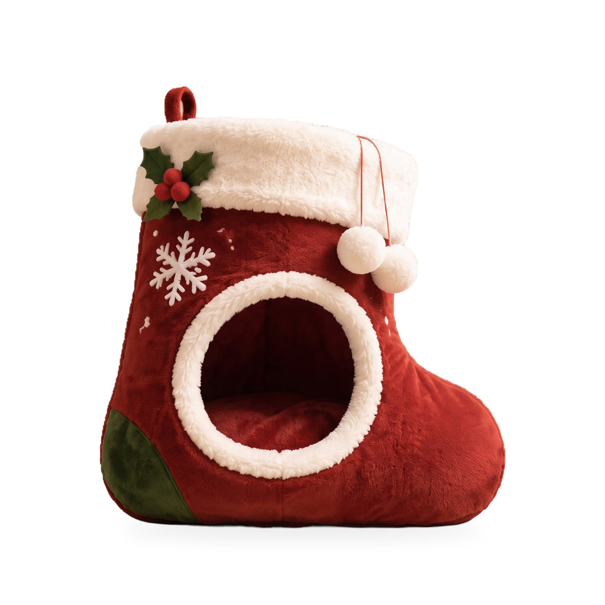 Furlala Cozy Stocking cat bed with a fluffy cuff and holly