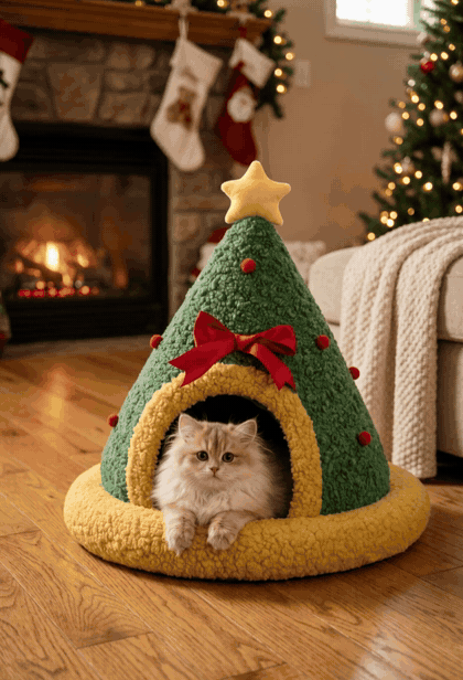 Fluffy kitten in the Furlala Christmas Tree cat bed by the fireplace