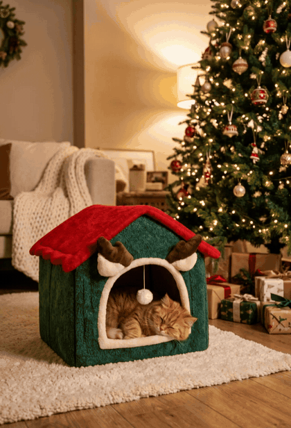 Orange tabby cat napping in the Furlala Reindeer Cabin cat bed by the Christmas tree