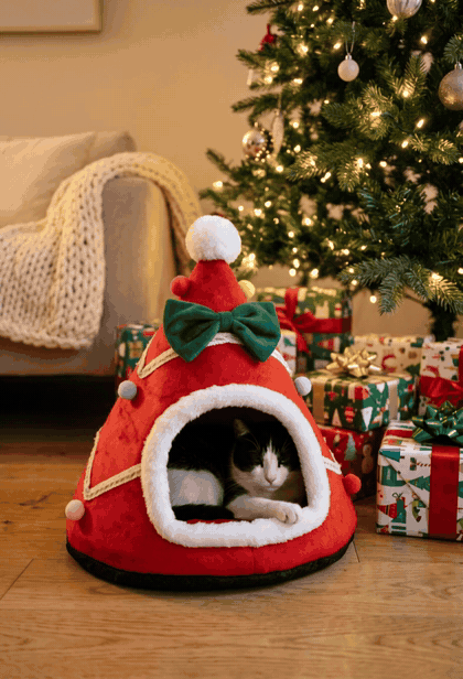 Tuxedo cat curled up in the Furlala Santa Hat cat bed under the tree