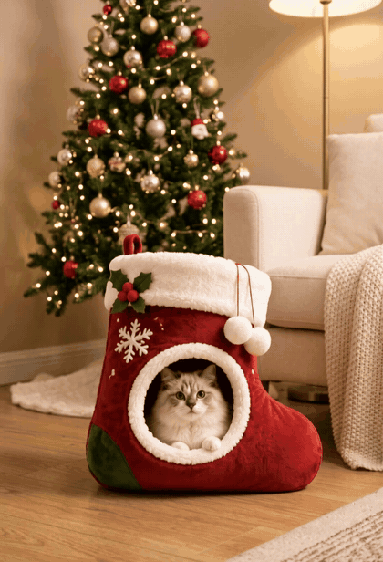 Ragdoll cat peeking out of the Furlala Cozy Stocking cat bed by the tree